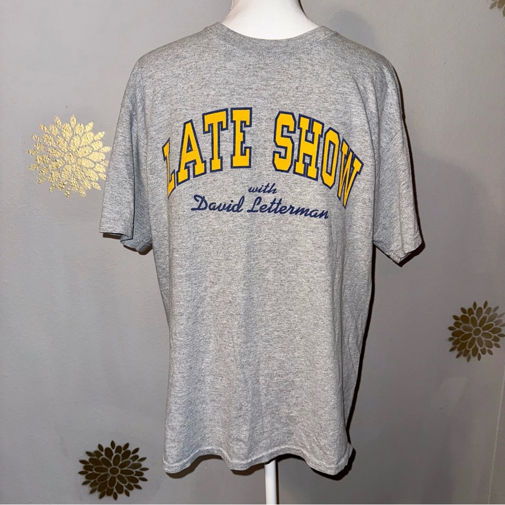 Late Show David Letterman T-Shirt s/s Y2K 2000 Vintage Gray‎ Yellow Men L Unisex